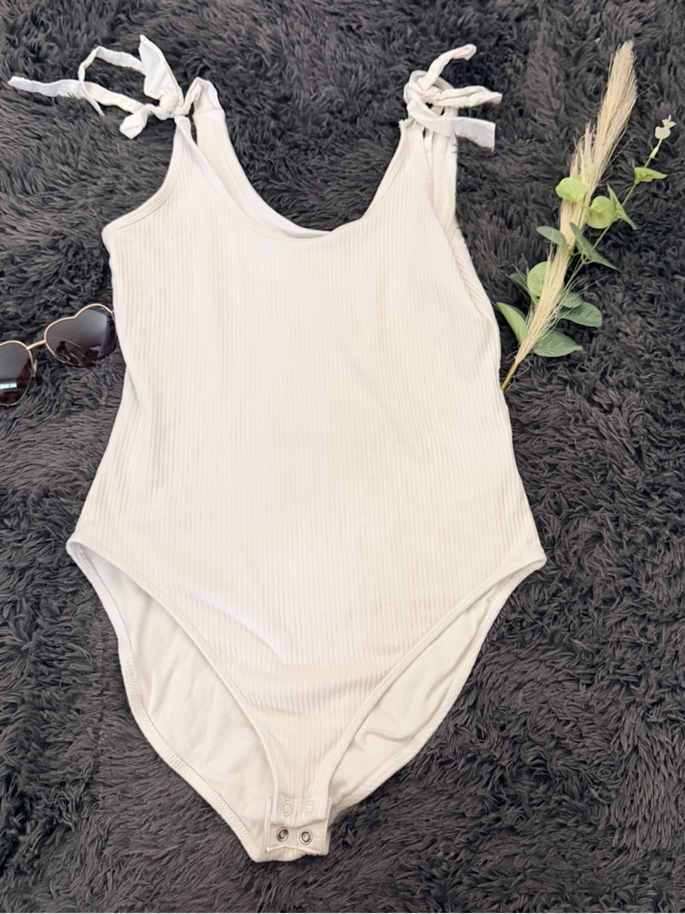 Old Navy White Ribbed Tie-Shoulder One-Piece Bodysuit